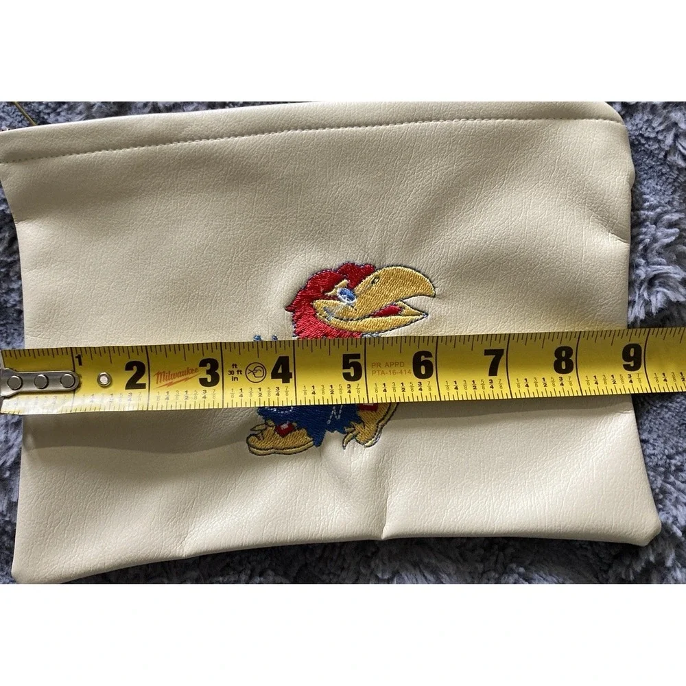 Kansas Jayhawks Zip Pouch Cream Faux Leather Travel Bag Father's Day Gift‎